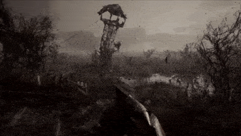 a person is holding a gun in a video game in a swamp .