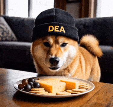 a dog wearing a beanie that says dea on it