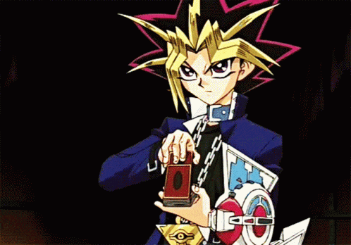 a cartoon character from yu gi oh is holding a red card