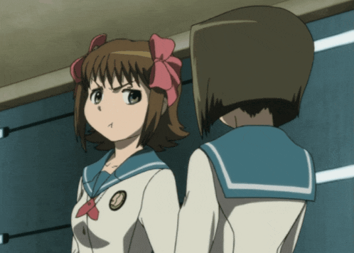 two anime girls are standing next to each other and one has a clock badge on her shirt