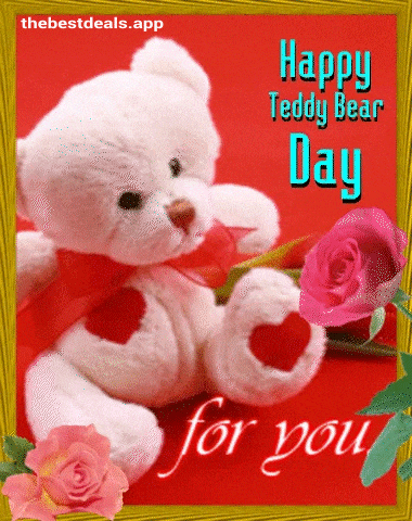 a happy teddy bear day card with a teddy bear and pink roses