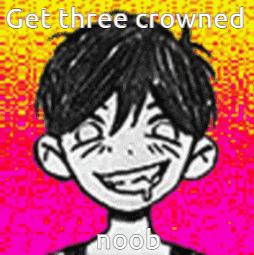 a black and white drawing of a boy with a crown on his head and the words `` get three crowned noob '' .
