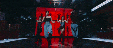 two women are dancing together on a red background .