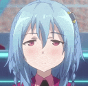 a close up of a girl 's face with blue hair and a pink shirt .