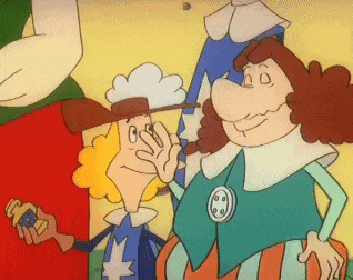 a group of cartoon characters are standing next to each other and one of them is wearing a hat .