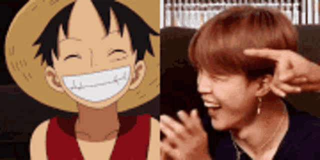 a picture of a cartoon character and a picture of a person pointing at their ear .