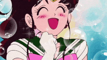 a girl in a sailor suit is smiling with bubbles around her