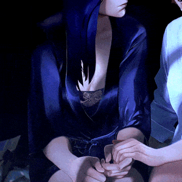 a woman in a blue robe has a tattoo on her chest