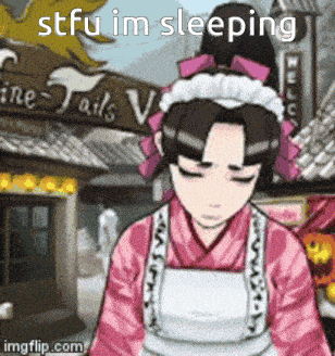 a cartoon of a maid sleeping in front of a sign that says fine tails