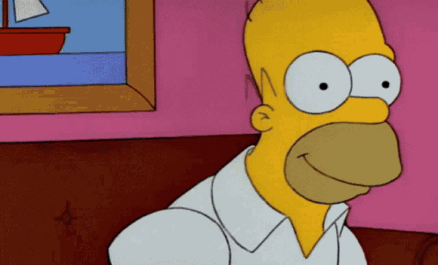 homer simpson is sitting on a couch with a picture of a boat in the background