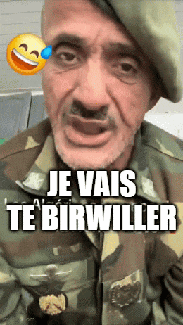 a man in a military uniform is making a funny face and says je vais te bir willer