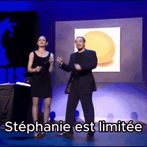 a man and a woman are dancing on a stage and the words stephanie est limitée are on the bottom