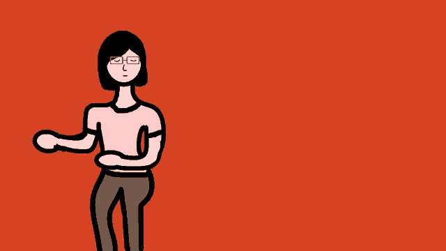 a cartoon of a woman wearing glasses and a pink shirt on a red background