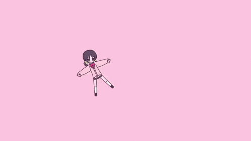 a cartoon girl is dancing on a pink background . she is wearing a pink jacket with a heart on it .