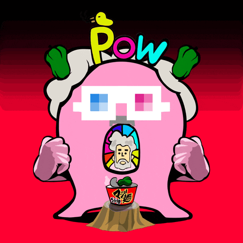 a cartoon character with a cup of ramen and the word pow above it