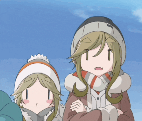 a couple of anime girls standing next to each other with one wearing a scarf