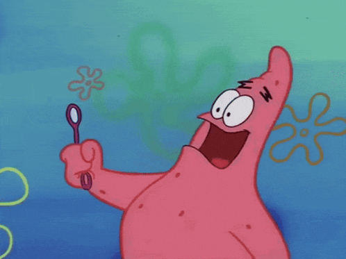 patrick star from spongebob squarepants is blowing bubbles