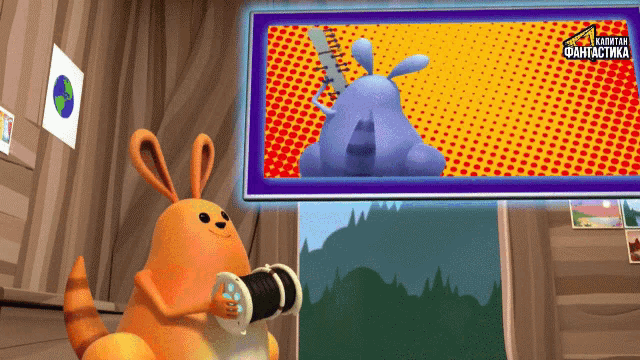 a cartoon kangaroo is holding a remote control in front of a sign that says captain fantasia