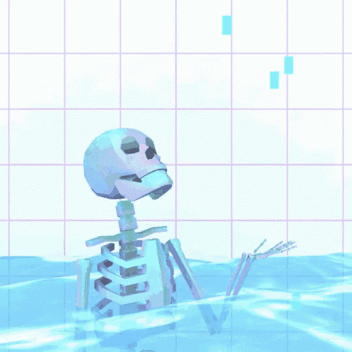 a skeleton is floating in the water with a grid in the background