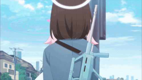 a girl with pink hair is carrying a rifle on her back