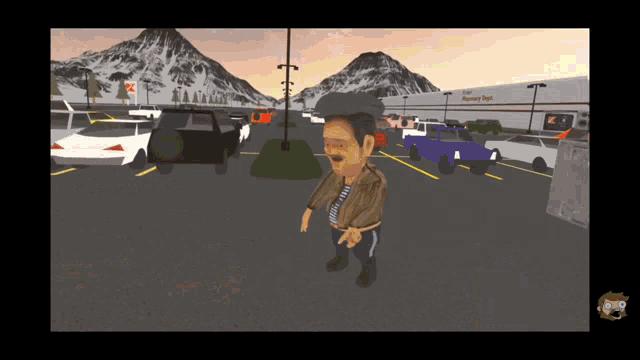 a cartoon character is standing in a parking lot in front of a store that says walmart
