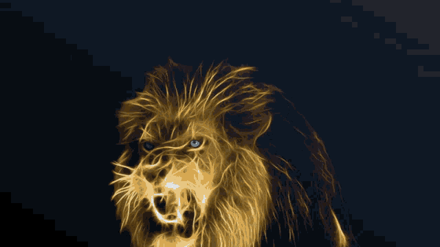 a golden lion with blue eyes is surrounded by a gold frame