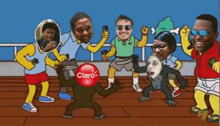 a cartoon of a group of people with a red circle that says claro