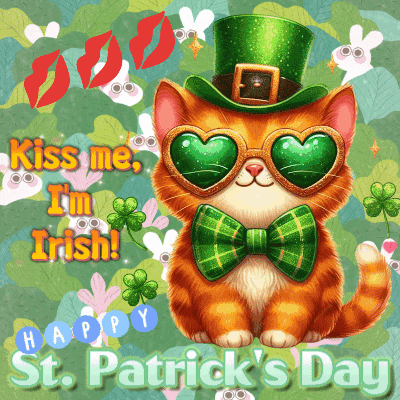 a greeting card for st. patrick 's day with a cat wearing a leprechaun hat and bow tie