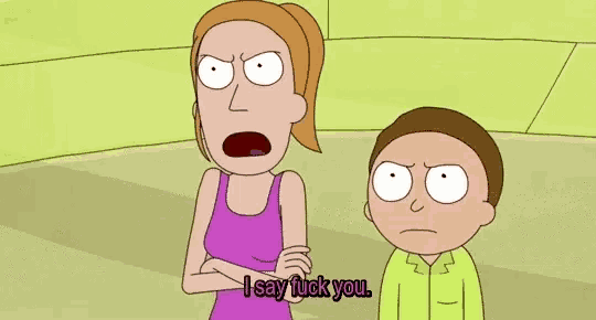 a cartoon of a woman pointing at a boy and saying i say fuck you .