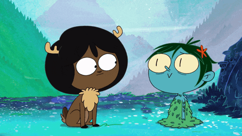 a cartoon drawing of a girl with antlers and a boy with blue hair