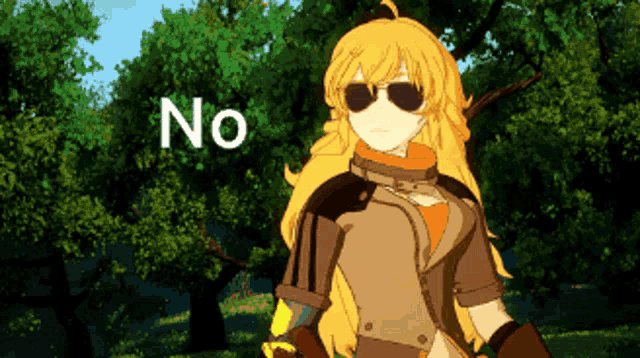 a yellow haired anime character wearing sunglasses stands in front of trees with the word no written on the bottom