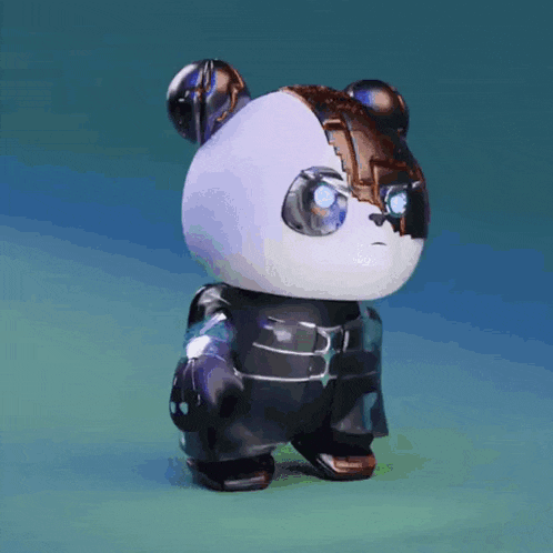 a robotic panda bear is standing on a green surface with a blue background
