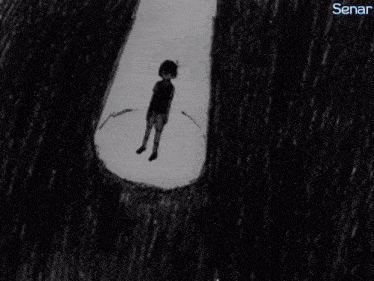 a black and white drawing of a boy covering his ears with his hands and the word senar on the bottom