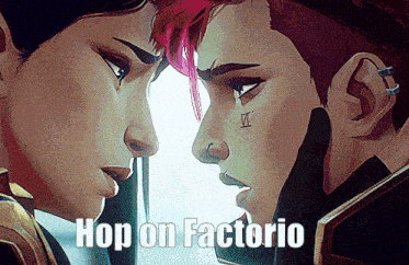 a couple of cartoon characters looking at each other with the words hop on factorio above them