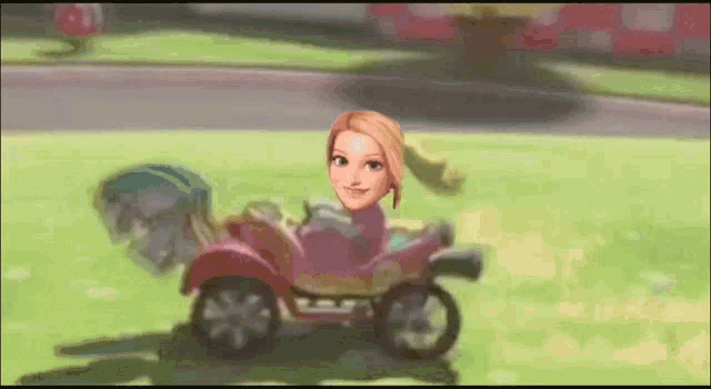 a cartoon girl is driving a toy car on a grassy field