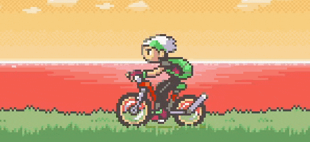 a pixel art of a man riding a motorcycle on a grassy field .
