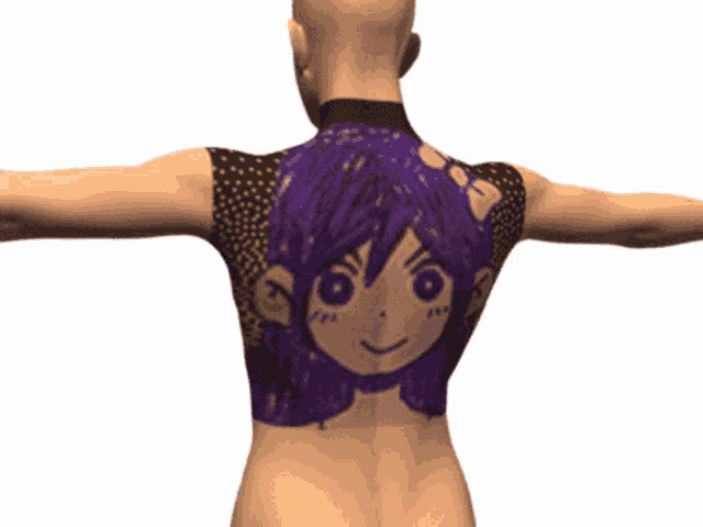 a 3d model of a girl with purple hair has a drawing of a girl on her back