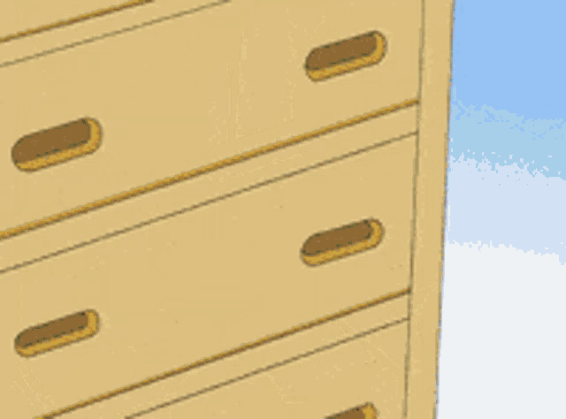 a cartoon character is standing next to a dresser with drawers