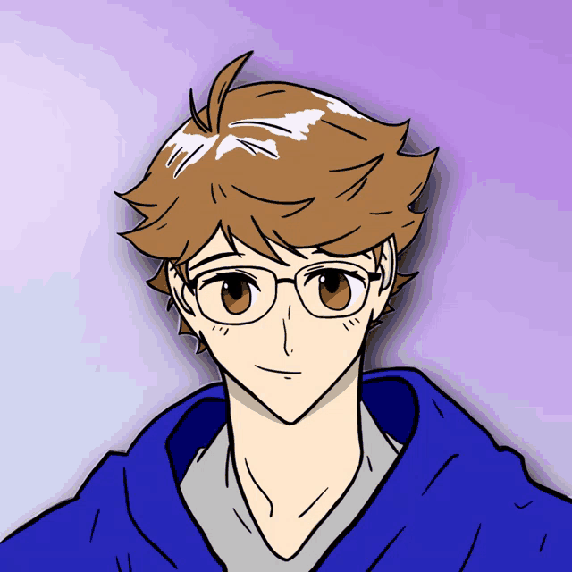 a drawing of a boy wearing glasses and a blue shirt
