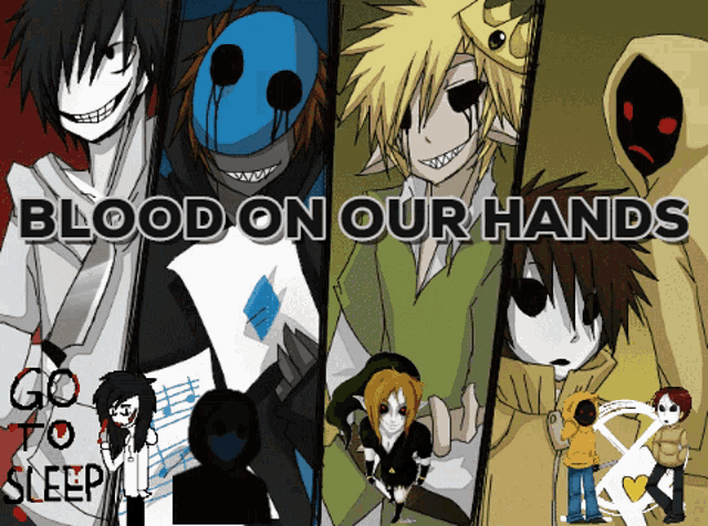 a group of cartoon characters with the words blood on our hands