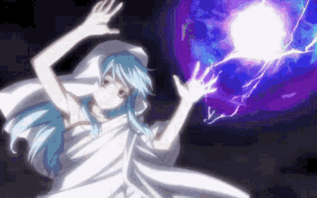 a girl with blue hair and a white dress is holding a purple lightning bolt .