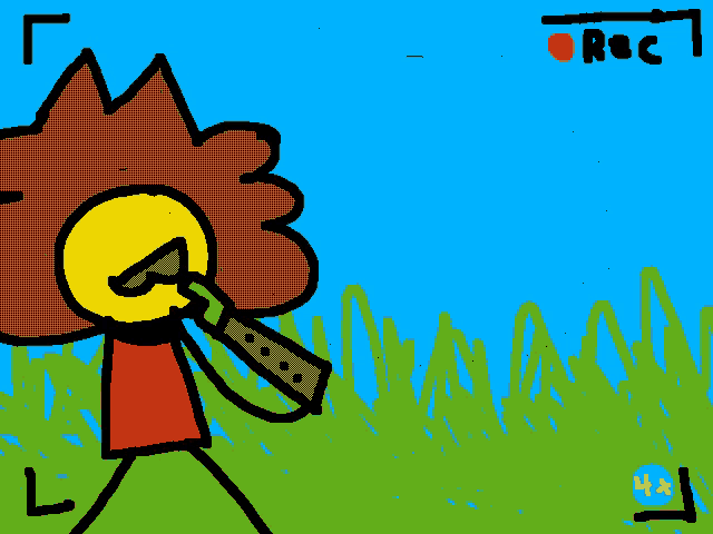 a drawing of a person playing a flute with a recording button in the background