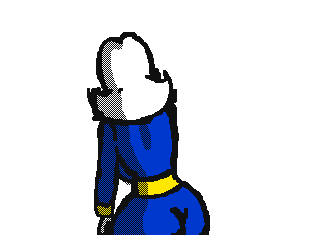 a black and white drawing of a person in a blue and yellow costume