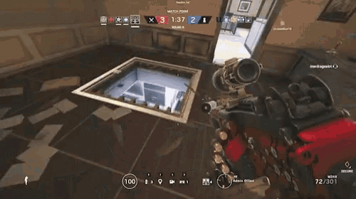 a person is playing a video game with a sniper rifle and the score is 1:37