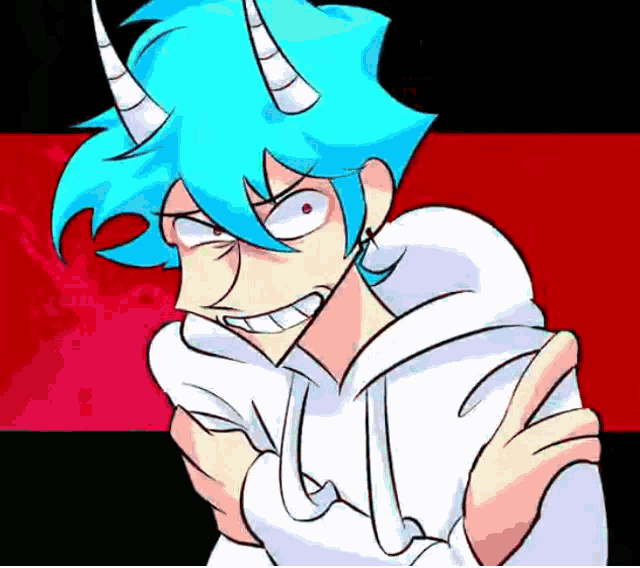 a cartoon character with blue hair and horns is making a funny face .