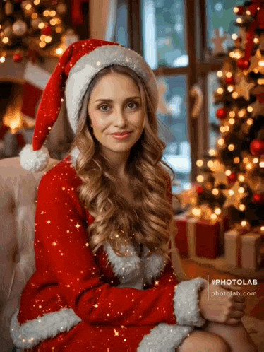 a woman dressed as santa claus is sitting in a chair in front of a christmas tree .
