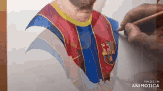a person is drawing a man wearing a fc barcelona shirt