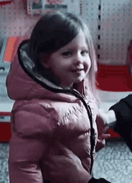 a little girl wearing a pink jacket is smiling while being held by a person .