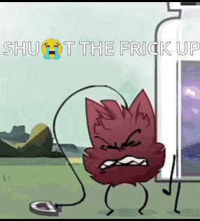 a cartoon character is standing next to a bottle that says shut the frick up