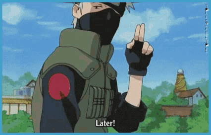 a cartoon character says " later " while giving the peace sign